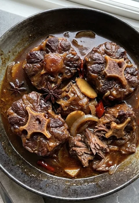 Gordon Ramsay oxtail recipe, Chinese braised oxtail pieces in a dark glossy sauce with star anise, ginger and chilli