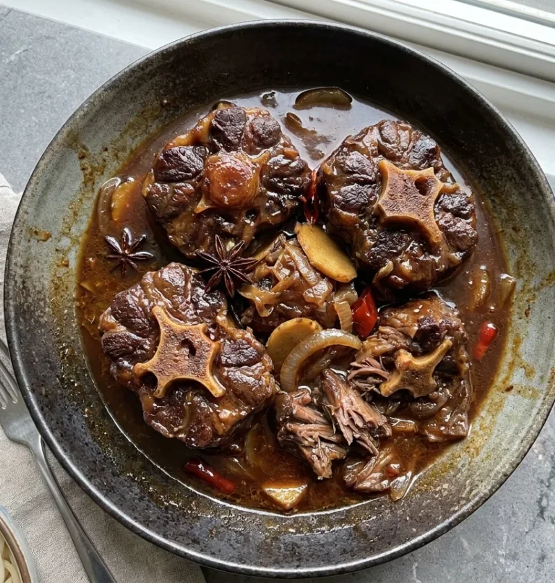 Gordon Ramsay oxtail recipe, Chinese braised oxtail pieces in a dark glossy sauce with star anise, ginger and chilli