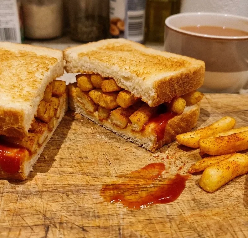 Gordon Ramsay chip butty sliced in half on a wooden chopping board showing oven chips with smoked paprika and ketchup inside crusty white bread with loose chips and a mug of tea