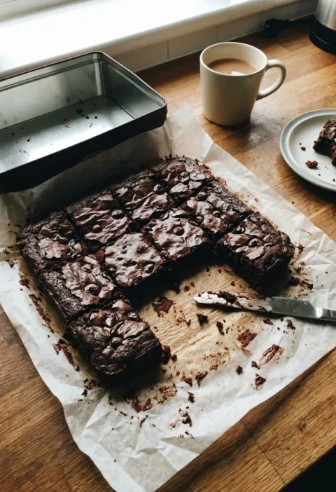 Gordon Ramsay chocolate brownies with crackly crust and melted chocolate chunks on a wooden worktop