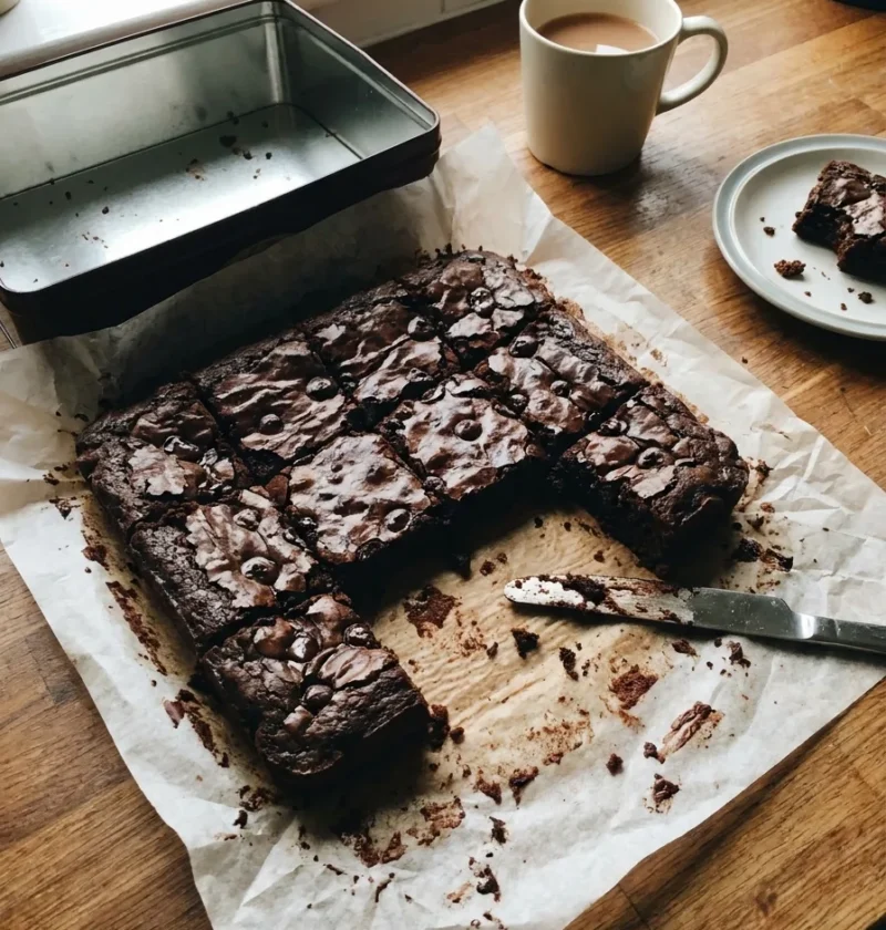 Gordon Ramsay chocolate brownies with crackly crust and melted chocolate chunks on a wooden worktop
