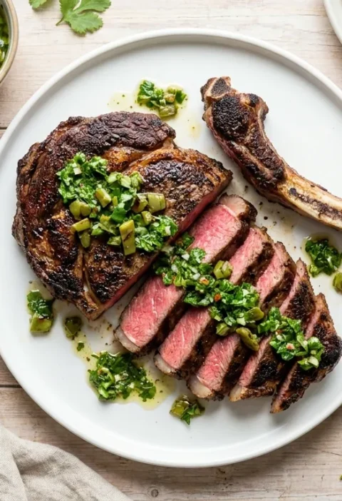 Gordon Ramsay coffee rub steak sliced bone-in rib eye with nopales chimichurri