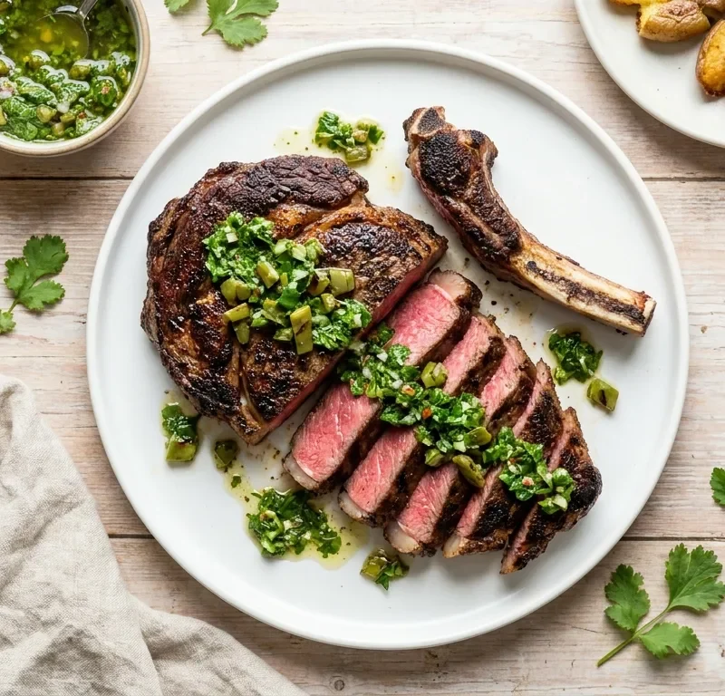 Gordon Ramsay coffee rub steak sliced bone-in rib eye with nopales chimichurri