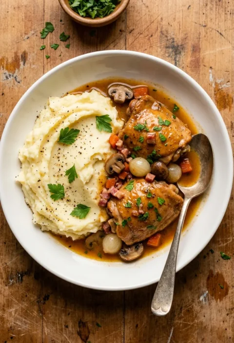 Coq au vin with two braised chicken thighs in glossy brown wine sauce with pearl onions mushrooms pancetta and parsley served with creamy mashed potatoes in a white bowl