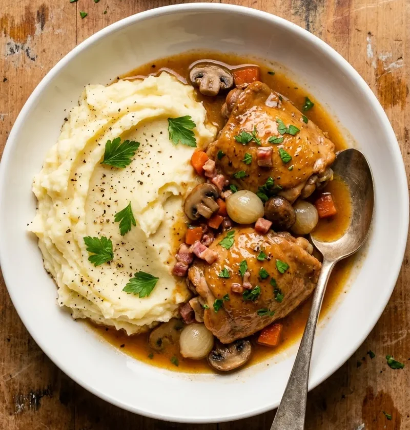 Coq au vin with two braised chicken thighs in glossy brown wine sauce with pearl onions mushrooms pancetta and parsley served with creamy mashed potatoes in a white bowl