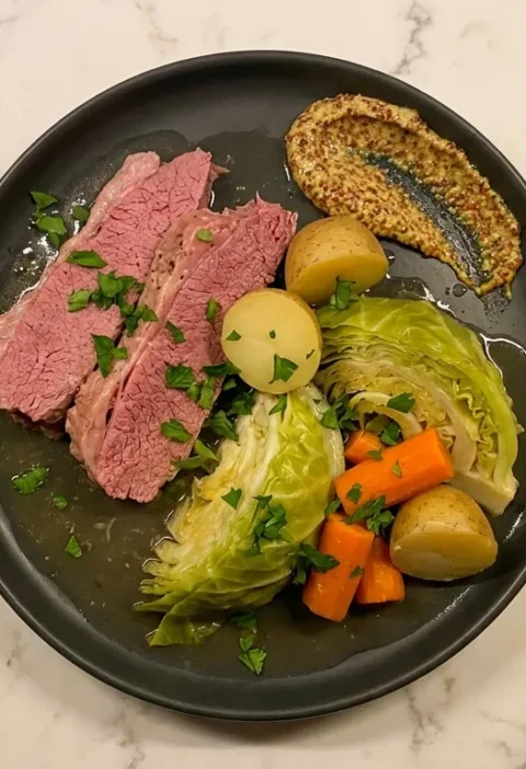 Sliced corned beef with cabbage wedges, baby potatoes, carrots, and wholegrain mustard on a dark plate