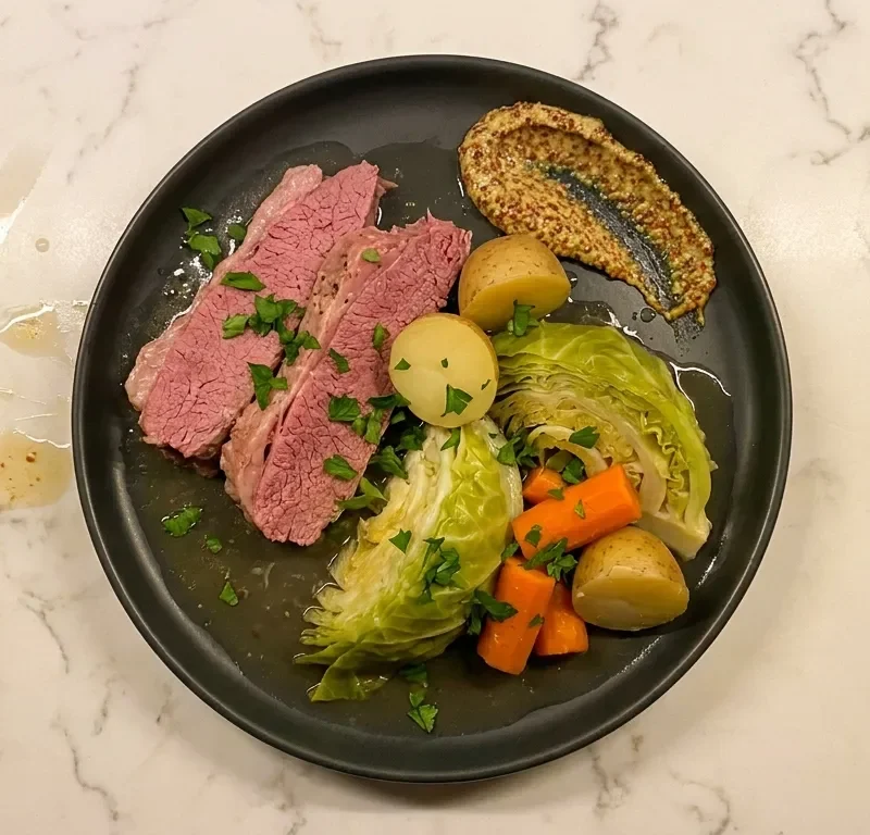 Sliced corned beef with cabbage wedges, baby potatoes, carrots, and wholegrain mustard on a dark plate
