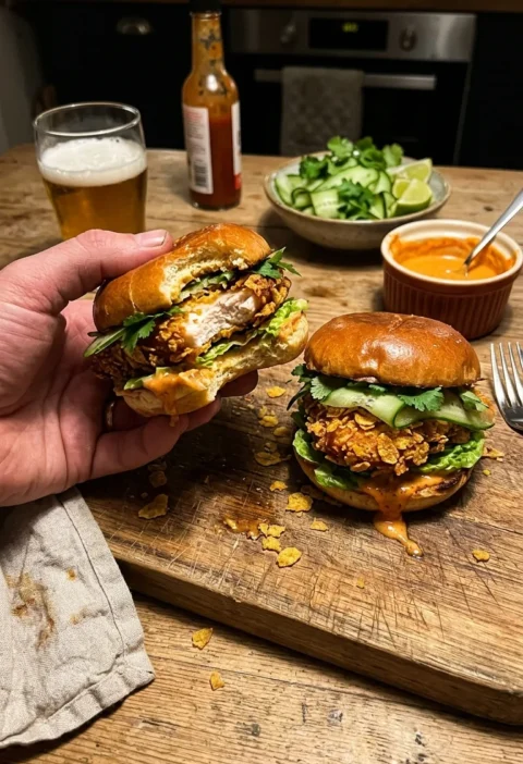 Homemade cornflake chicken sliders with gochujang mayo cucumber ribbons and coriander in brioche buns on a wooden board