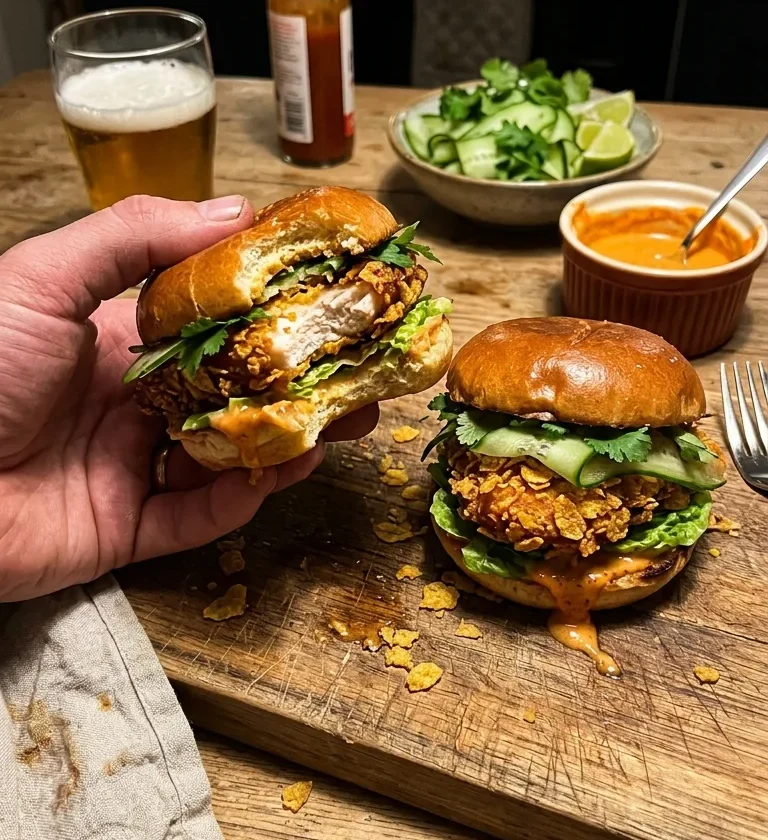 Homemade cornflake chicken sliders with gochujang mayo cucumber ribbons and coriander in brioche buns on a wooden board