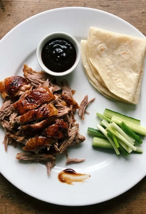 Gordon Ramsay crispy duck shredded with five-spice skin, Chinese pancakes, black bean dipping sauce and cucumber and spring onion on a white plate