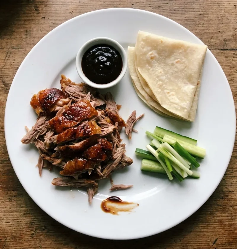 Gordon Ramsay crispy duck shredded with five-spice skin, Chinese pancakes, black bean dipping sauce and cucumber and spring onion on a white plate
