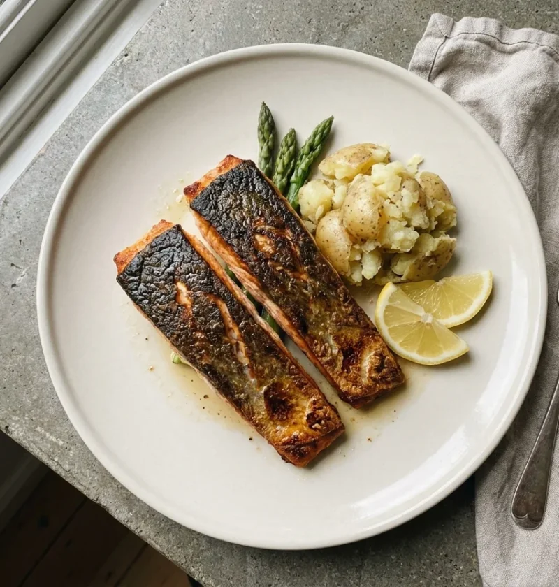 Gordon Ramsay crispy skin salmon, two pan-fried fillets skin-side up with crisp golden skin, crushed potatoes and lemon