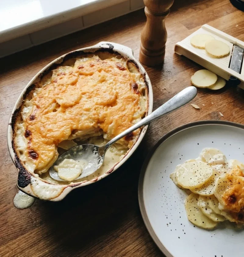 Gordon Ramsay dauphinoise potatoes in a gratin dish with golden Cheddar crust and a portion served on a plate