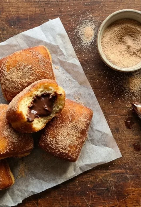 Gordon Ramsay malt chocolate doughnuts with ganache filling on greaseproof paper