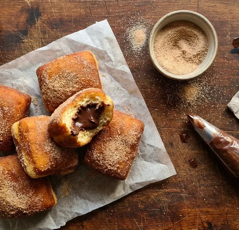Gordon Ramsay malt chocolate doughnuts with ganache filling on greaseproof paper