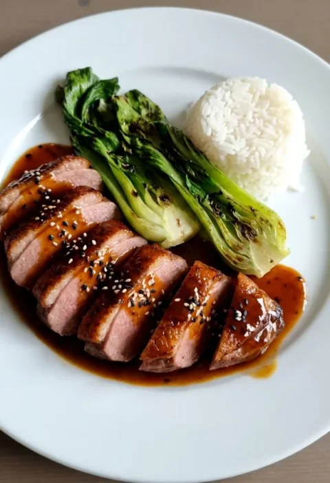 Gordon Ramsay duck a l'orange, sliced crispy duck breast with glossy orange sauce, charred pak choi and rice on a white plate