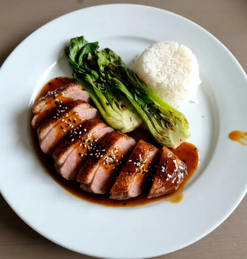 Gordon Ramsay duck a l'orange, sliced crispy duck breast with glossy orange sauce, charred pak choi and rice on a white plate