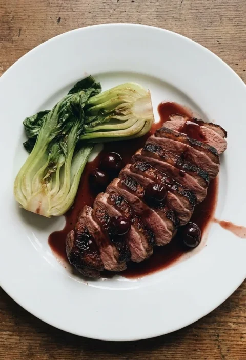 Gordon Ramsay duck breast sliced with crispy skin and pink meat, cherry and port sauce and braised pak choi on a white plate