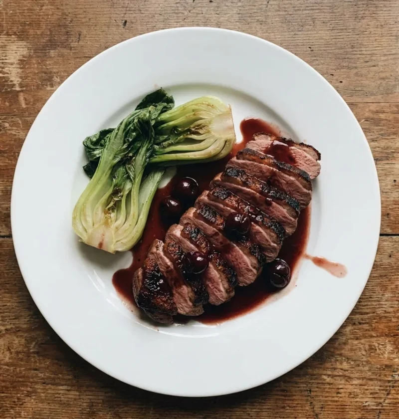 Gordon Ramsay duck breast sliced with crispy skin and pink meat, cherry and port sauce and braised pak choi on a white plate