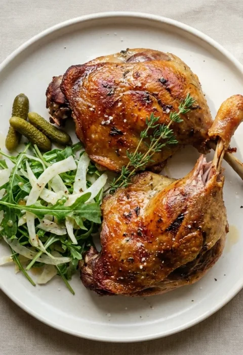 Gordon Ramsay's duck confit with crispy golden skin, fennel salad and cornichons on a plate