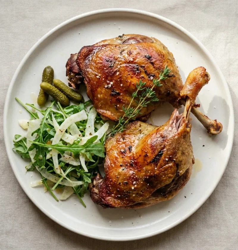 Gordon Ramsay's duck confit with crispy golden skin, fennel salad and cornichons on a plate
