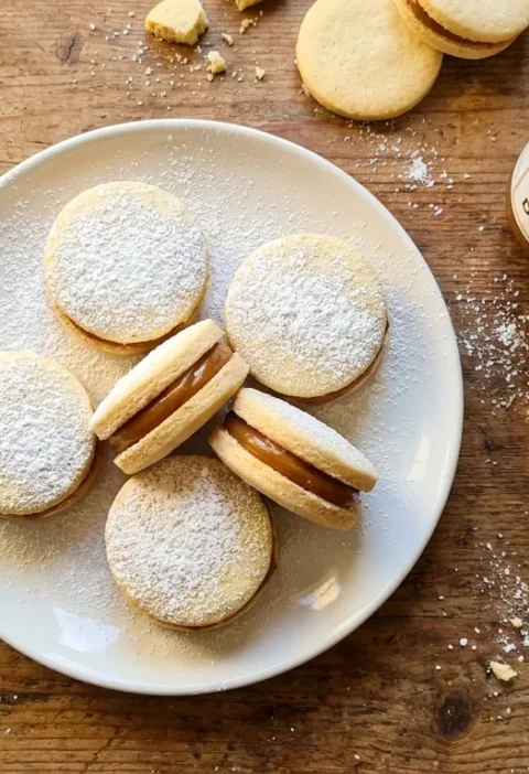 Gordon Ramsay dulce de leche biscuits alfajores with icing sugar on a white plate with a jar of dulce de leche on a wood table