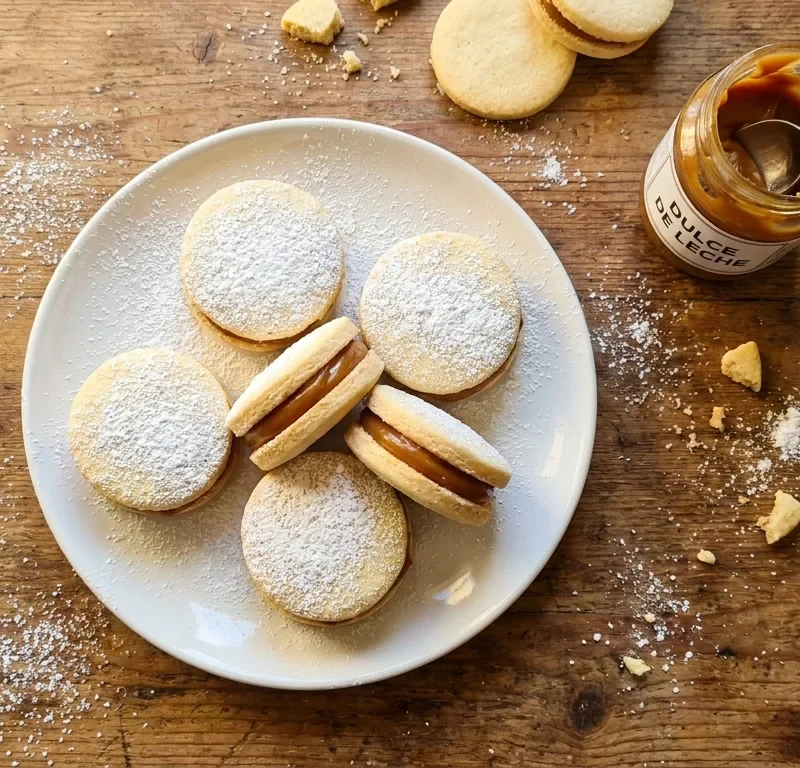 Gordon Ramsay dulce de leche biscuits alfajores with icing sugar on a white plate with a jar of dulce de leche on a wood table
