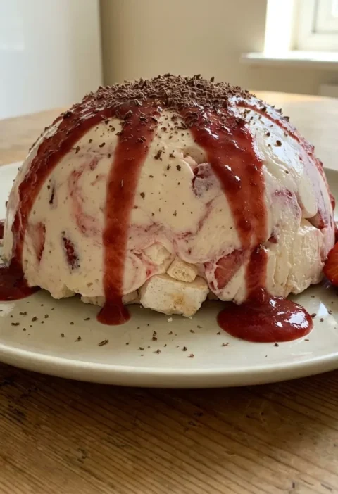 Gordon Ramsay's Eton mess bombe turned out on a plate with strawberry coulis and grated chocolate