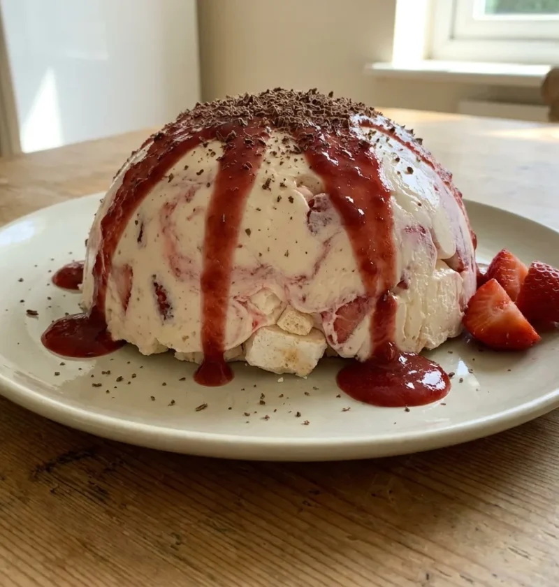 Gordon Ramsay's Eton mess bombe turned out on a plate with strawberry coulis and grated chocolate