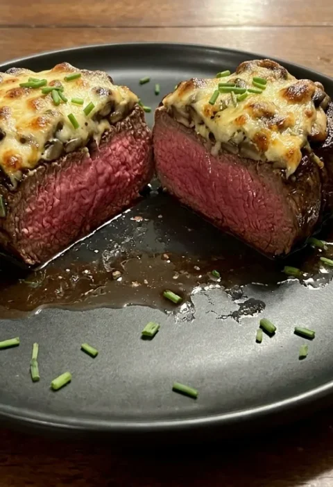 Gordon Ramsay filet mignon cut in half showing pink medium-rare centre with golden mushroom gratin on top