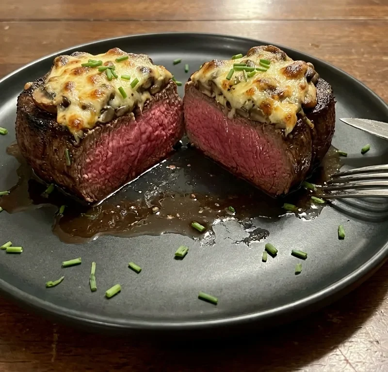 Gordon Ramsay filet mignon cut in half showing pink medium-rare centre with golden mushroom gratin on top