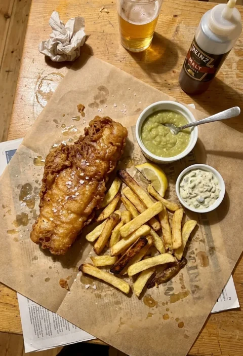 Golden beer-battered cod with thick-cut chips mushy peas and tartar sauce on greaseproof paper with a pint of lager and malt vinegar