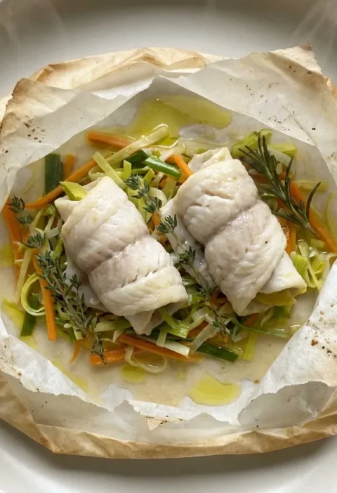 Gordon Ramsay fish en papillote: rolled lemon sole on a nest of leek and carrot in an opened parchment parcel