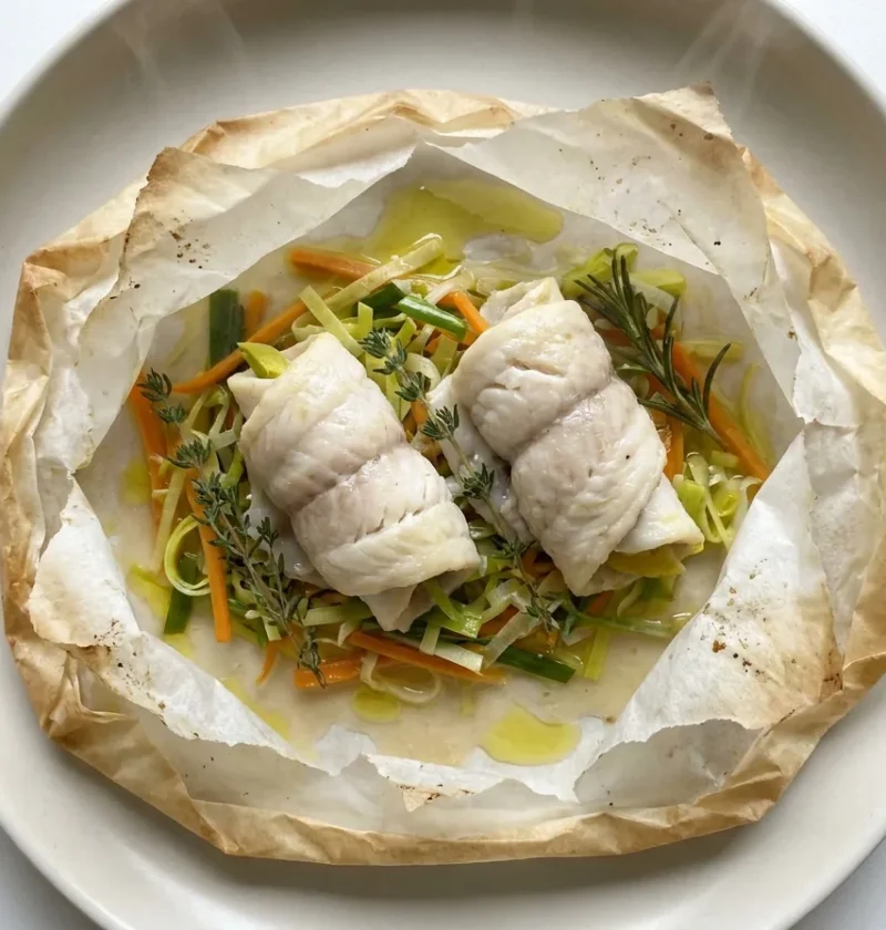 Gordon Ramsay fish en papillote: rolled lemon sole on a nest of leek and carrot in an opened parchment parcel