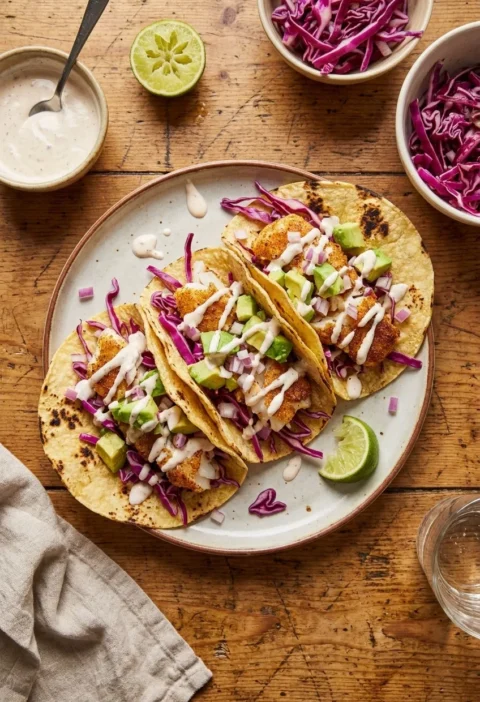 Three fish tacos in charred corn tortillas with golden spiced fish chunks purple red cabbage slaw avocado red onion and chipotle yoghurt drizzle on a plate