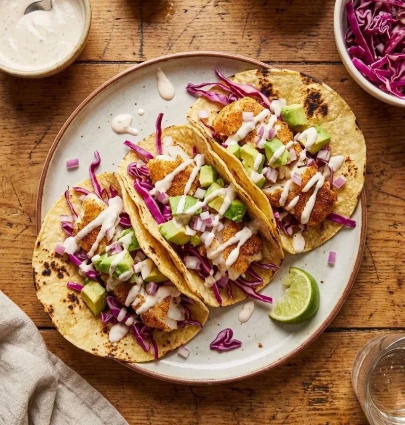 Three fish tacos in charred corn tortillas with golden spiced fish chunks purple red cabbage slaw avocado red onion and chipotle yoghurt drizzle on a plate