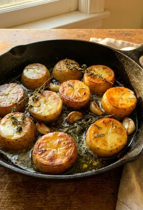 Gordon Ramsay fondant potatoes golden in cast iron pan with thyme rosemary garlic