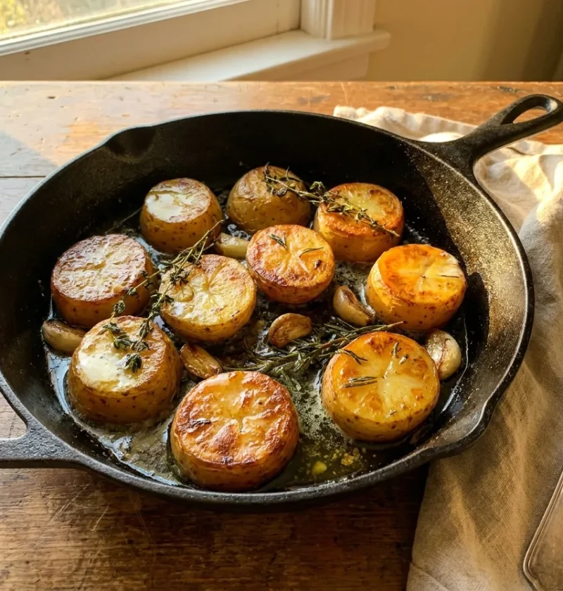 Gordon Ramsay fondant potatoes golden in cast iron pan with thyme rosemary garlic