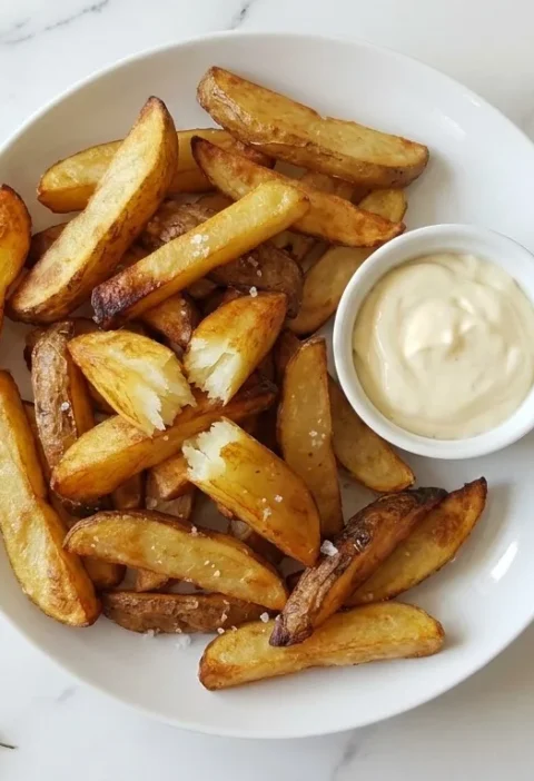 Gordon Ramsay triple cooked french fries thick chunky golden wedges with coarse sea salt and fluffy white interior served with homemade mayonnaise on a white plate