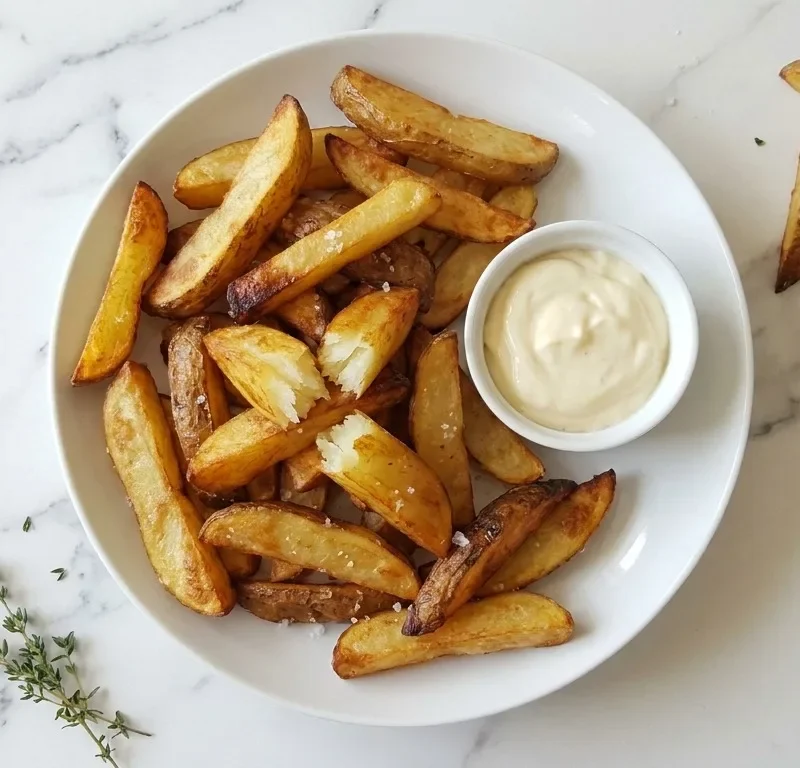 Gordon Ramsay triple cooked french fries thick chunky golden wedges with coarse sea salt and fluffy white interior served with homemade mayonnaise on a white plate