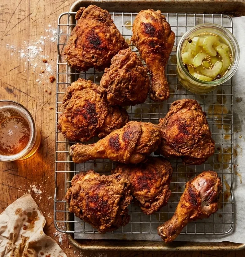 Homemade buttermilk fried chicken thighs and drumsticks with blistered spiced flour crust on a wire rack with pickled celery