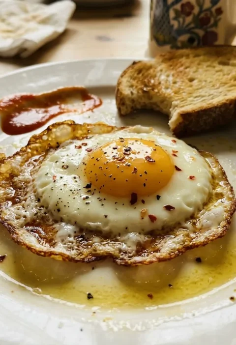 Gordon Ramsay fried egg with crispy lacy edges runny yolk chilli flakes and Sriracha on white plate with toast