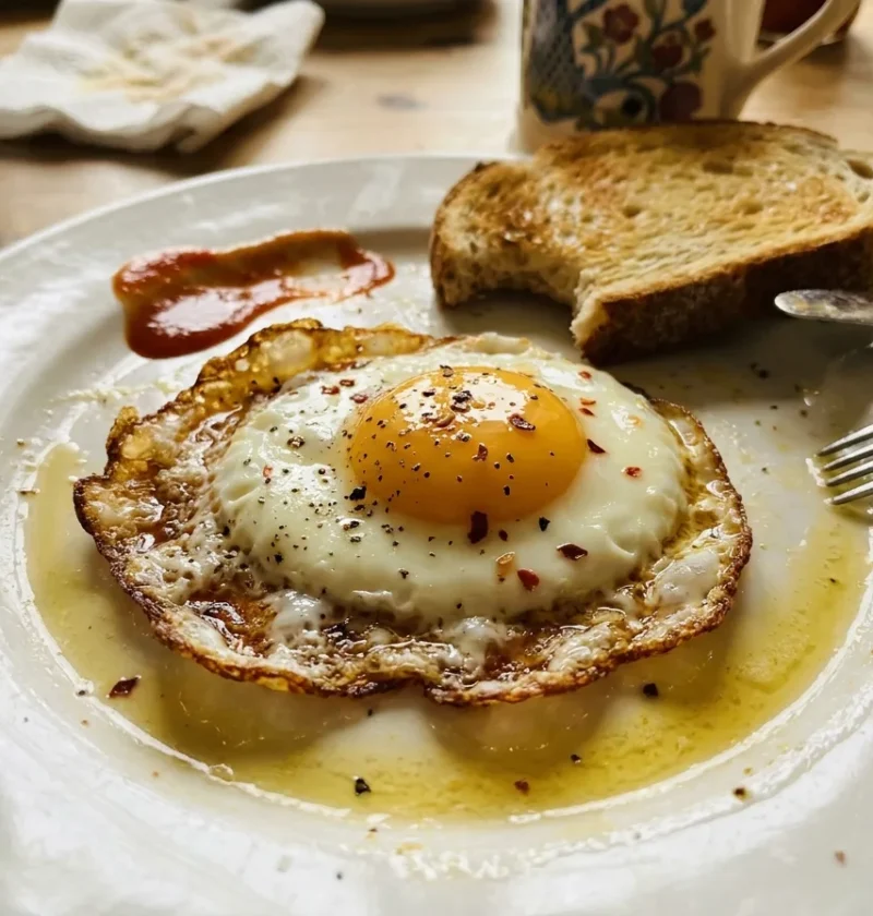 Gordon Ramsay fried egg with crispy lacy edges runny yolk chilli flakes and Sriracha on white plate with toast