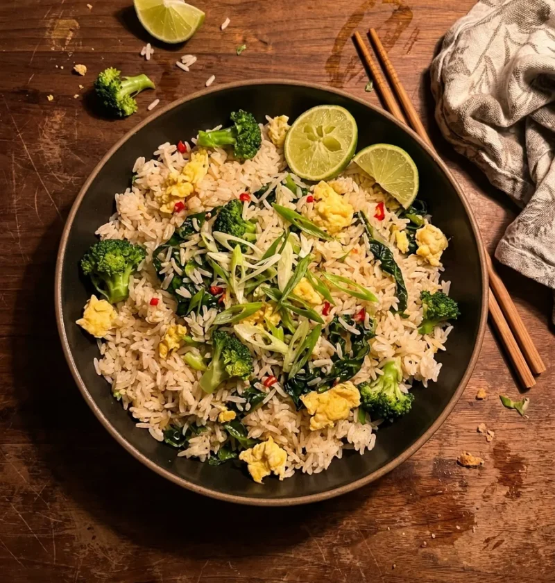 Gordon Ramsay fried rice with broccoli scrambled egg and spring onions in a dark bowl on a wood table