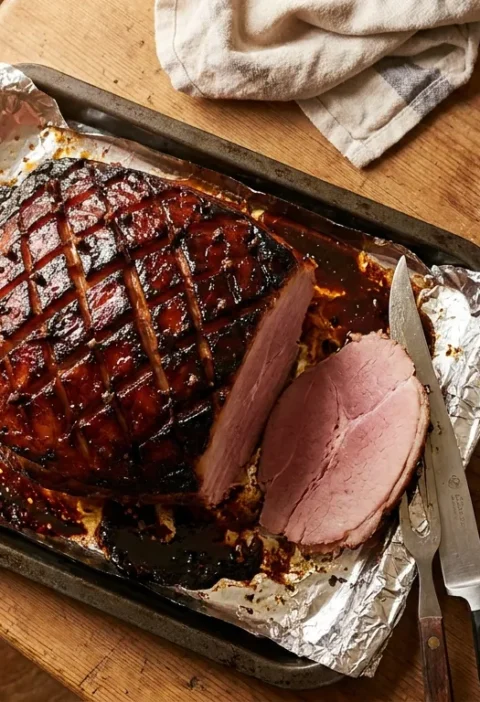 Gordon Ramsay treacle-glazed gammon with diamond scoring and cloves on a roasting tray