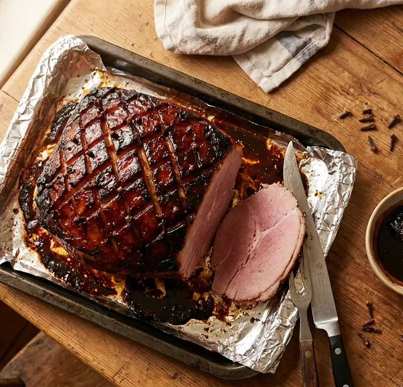 Gordon Ramsay treacle-glazed gammon with diamond scoring and cloves on a roasting tray