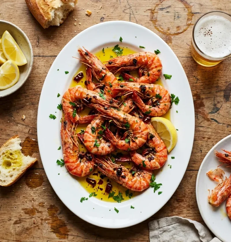 Shell-on garlic prawns in golden olive oil with chopped garlic dried chilli and parsley on a white plate with lemon wedges and crusty bread