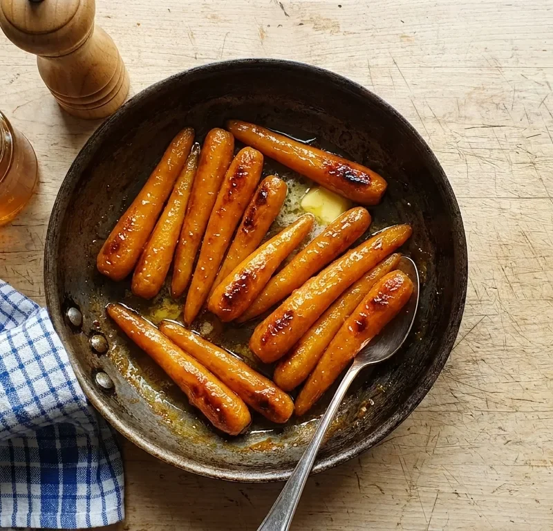 Gordon Ramsay honey glazed carrots in a sauté pan with butter and honey glaze