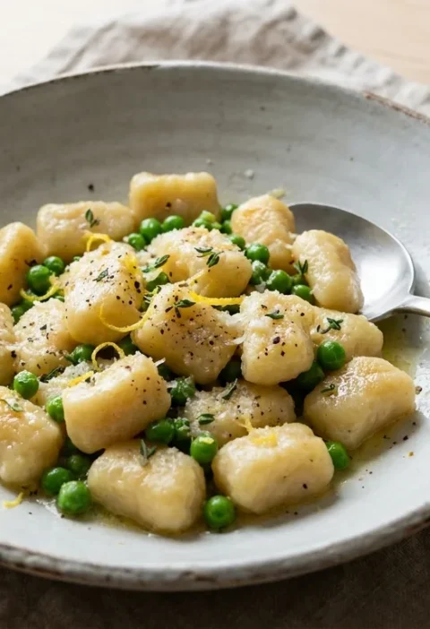 Gordon Ramsay homemade potato gnocchi with peas lemon zest and Parmesan in a ceramic bowl