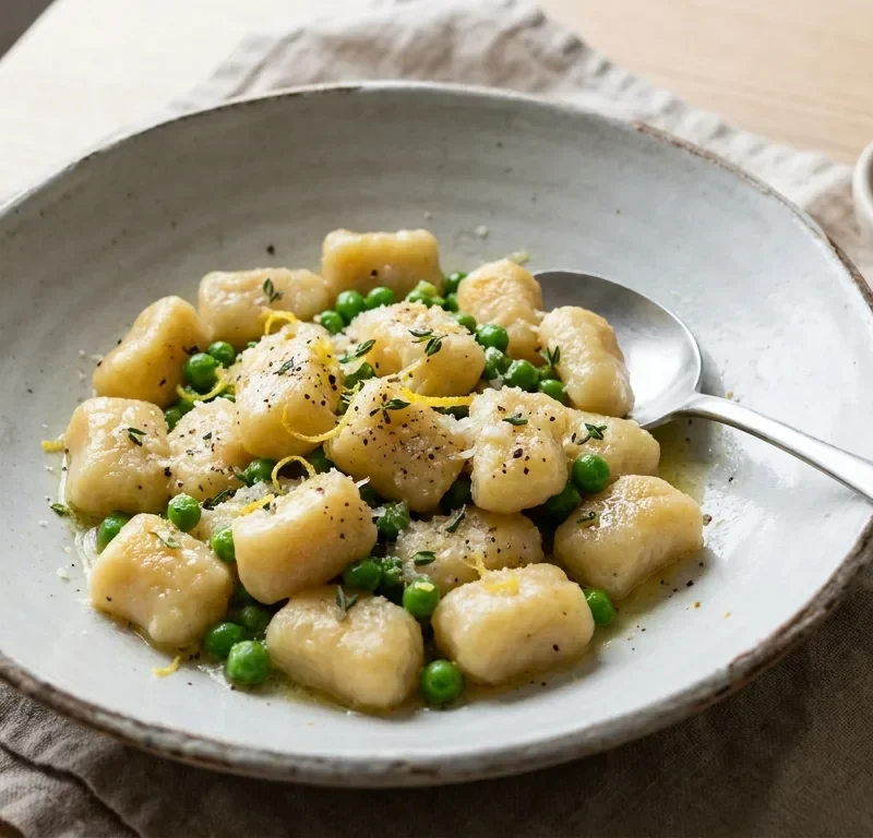 Gordon Ramsay homemade potato gnocchi with peas lemon zest and Parmesan in a ceramic bowl